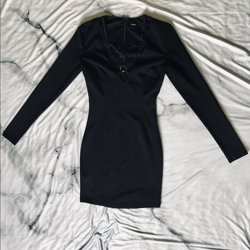 Black Deep V Mini Dress w/ Metal Detail